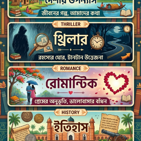 দেশিয় উপন্যাস, থ্রিলার, রোমান্টিক, ইতিহাস ও অন্যান্য।